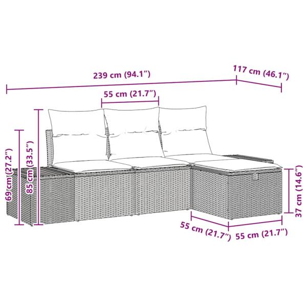4-teiliges Garten-Sofa-Set mit Kissen Grau Poly-Rattan