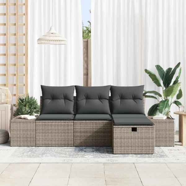 4-teiliges Garten-Sofa-Set mit Kissen Grau Poly-Rattan