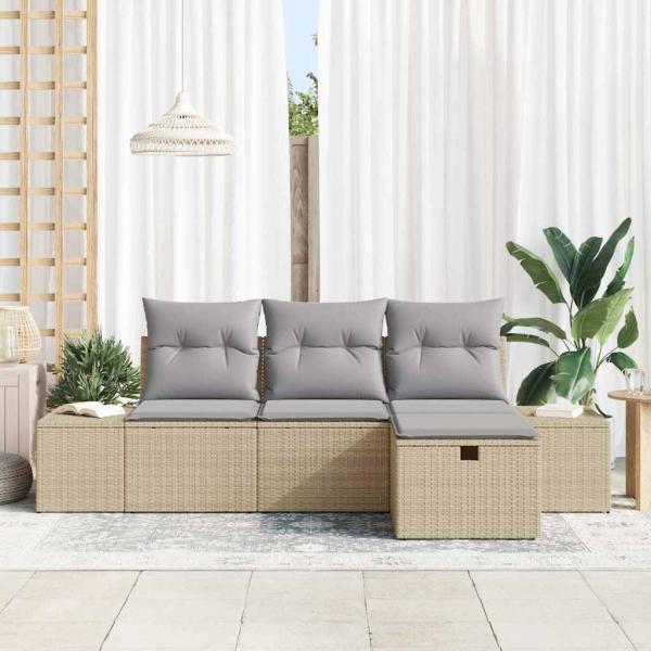 4-teiliges Garten-Sofa-Set mit Kissen Beiger Poly-Rattan