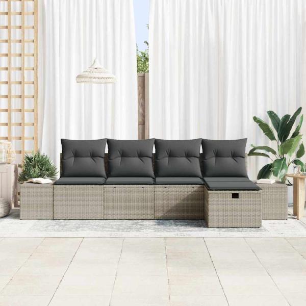 5-teiliges Garten-Sofaset mit Kissen in Hellgrau Poly-Rattan