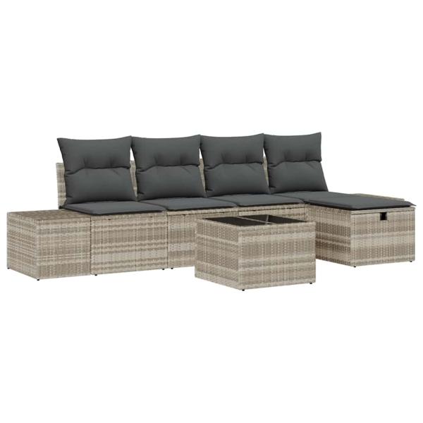 6-teiliges Garten-Sofa-Set mit Kissen in Hellgrau Poly Rattan