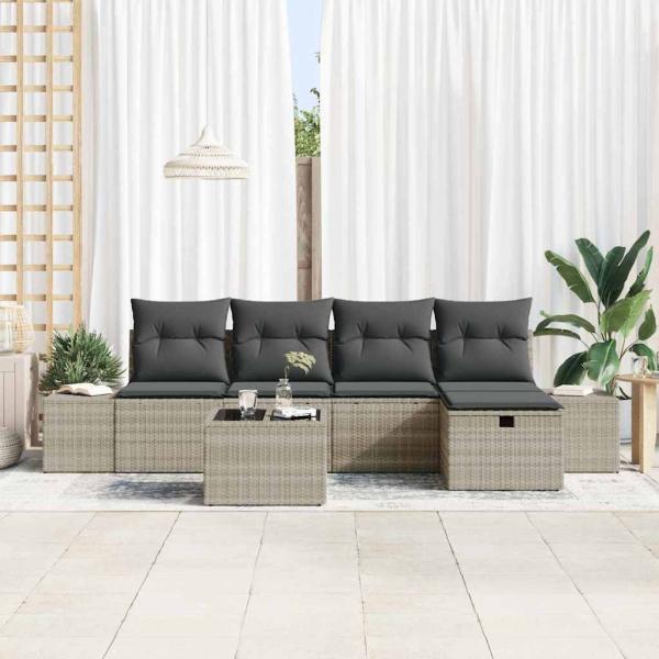 6-teiliges Garten-Sofa-Set mit Kissen in Hellgrau Poly Rattan