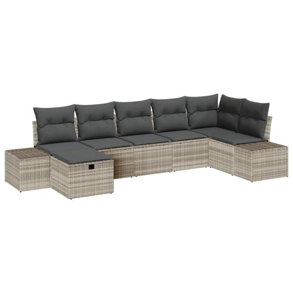 7-teiliges Garten-Sofa-Set mit Kissen in Hellgrau aus Poly-Rattan