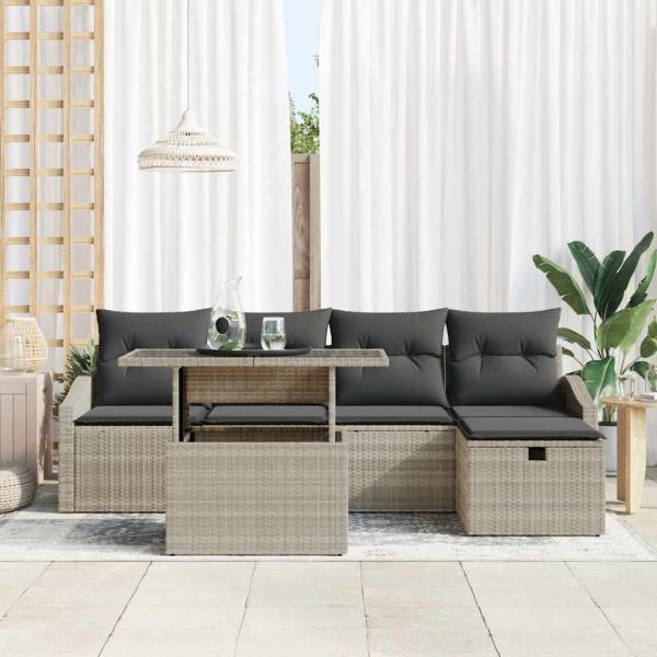 6-teiliges Garten Sofa Set mit Kissen in Hellgrau Poly Rattan