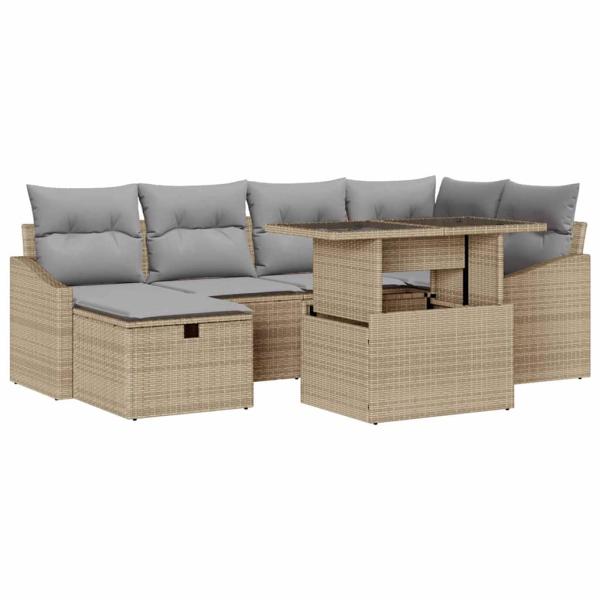 7-teiliges Garten Sofa Set mit Kissen Beige Poly-Rattan