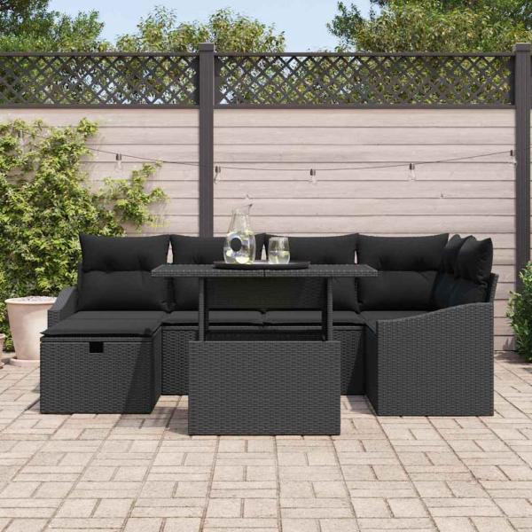7-teiliges Garten-Sofa-Set mit Kissen Schwarz Poly-Rattan