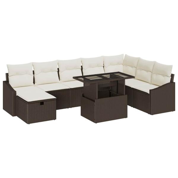 9-teiliges Garten-Sofa-Set mit Kissen Braun Poly Rattan