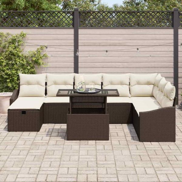 9-teiliges Garten-Sofa-Set mit Kissen Braun Poly Rattan
