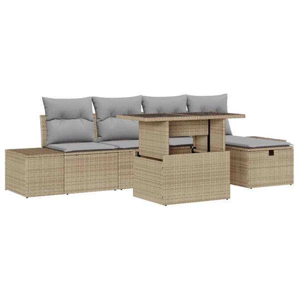 6-teiliges Garten-Sofa-Set mit Kissen Beige Poly-Rattan