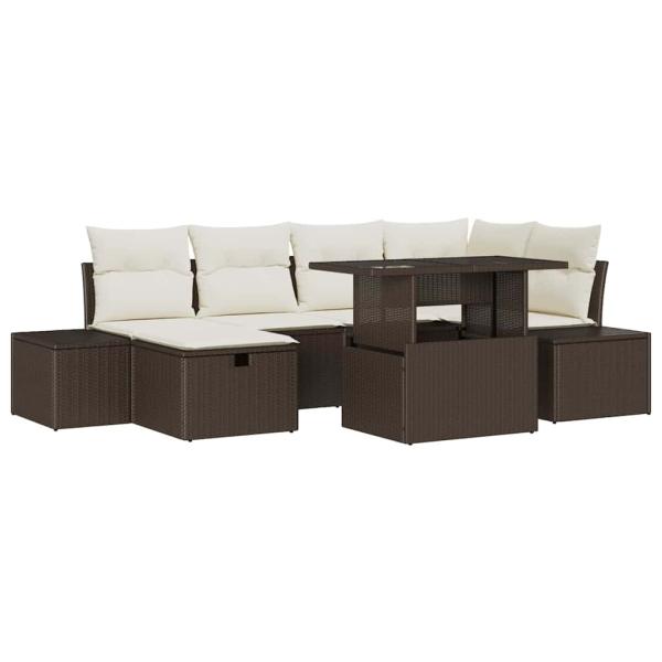 7-teiliges Garten Sofaset mit Kissen Braun Poly Rattan