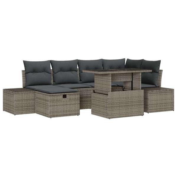 7 Teile Garten Sofaset mit Kissen Grau Poly Rattan