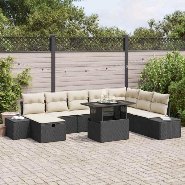 ARDEBO.de - 9-teiliges Garten Sofa Set mit Kissen Schwarz Poly Rattan