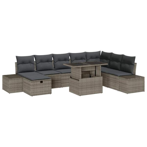 9-teiliges Garten Sofa Set mit Kissen Grau Poly Rattan