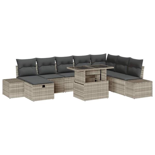 9-teiliges Garten Sofa Set mit Kissen Hellgrau Poly Rattan