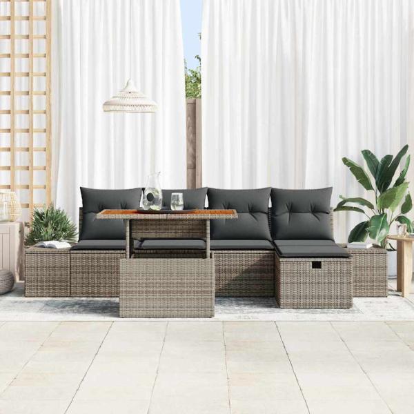 6-teiliges Garten Sofa Set mit Kissen Graues Poly Rattan