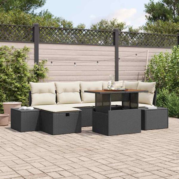 ARDEBO.de - 7-teiliges Garten Essgruppe mit Kissen Schwarz Poly Rattan Akazie