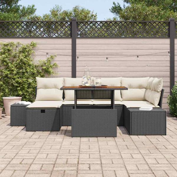 7-teiliges Garten Essgruppe mit Kissen Schwarz Poly Rattan Akazie
