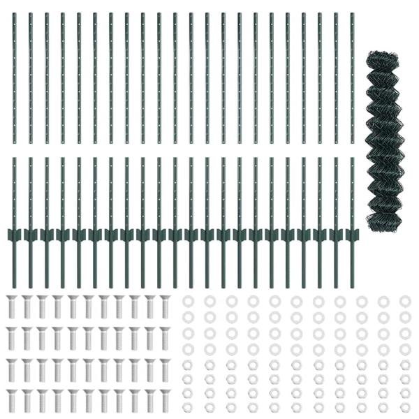 Kettenzaun mit 22 U-Pfosten Grün 1x25 m Stahl