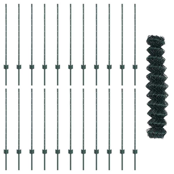 Kettenzaun mit 22 U-Pfosten Grün 1x25 m Stahl