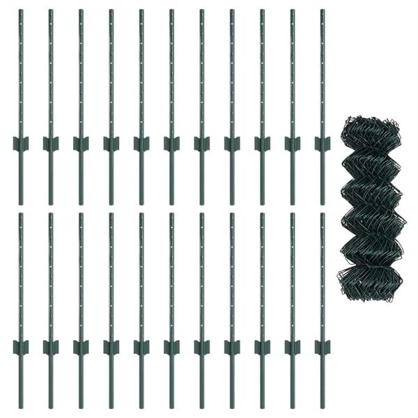 Drahtzaun mit 22 U-Pfosten Grün 0.6x25 m Stahl