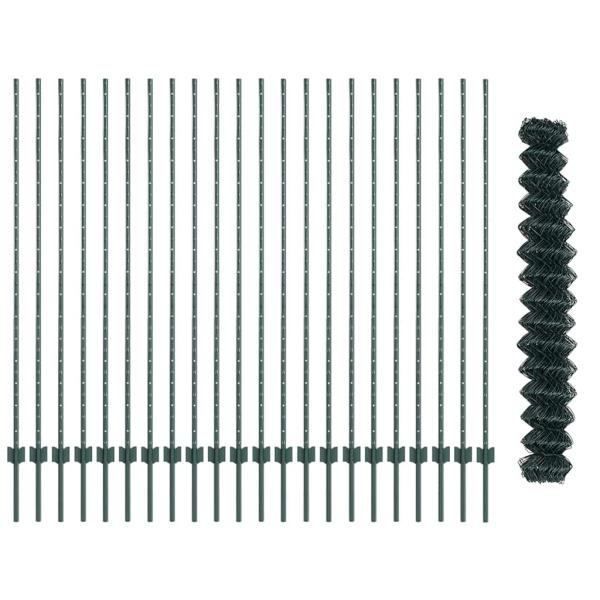 Kettenzaun mit 22 U-Posten Grün 1,6x25 m Stahl