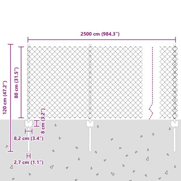 Kettengliedzaun mit 22 U Pfosten Grau 0.8x25 m Stahl