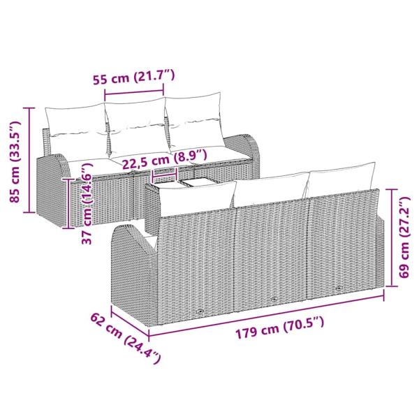7-teiliges Garten Sofa Set mit Kissen Braun Poly Rattan