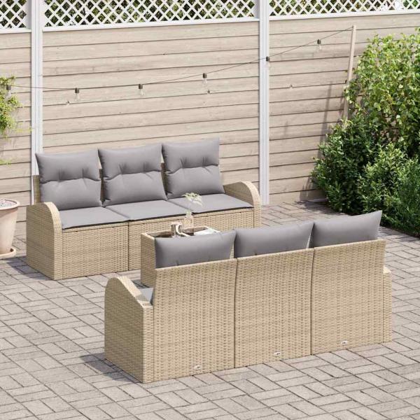 7-teiliges Garten Sofa Set mit Kissen Beige Poly Rattan