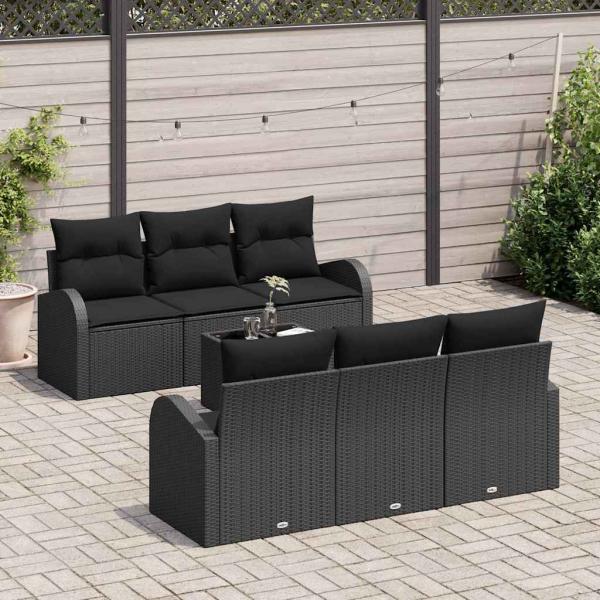 7-teiliges Garten Sofa Set mit Kissen Schwarz Poly-Rattan