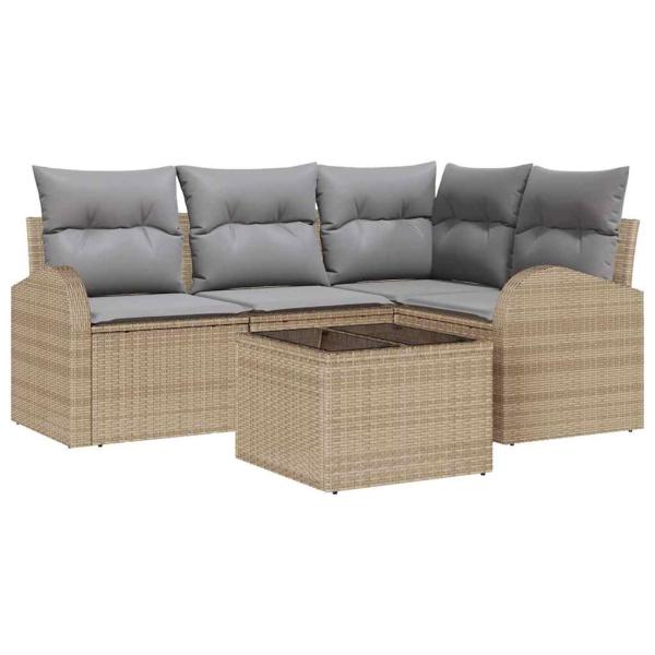 5-teiliges Garten Sofa Set mit Kissen hellgrau und beige Poly Rattan