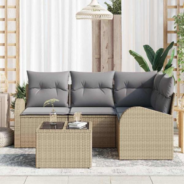 5-teiliges Garten Sofa Set mit Kissen hellgrau und beige Poly Rattan