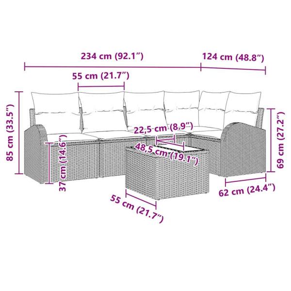 6-teiliges Garten-Sofa-Set mit Kissen Beige Poly-Rattan