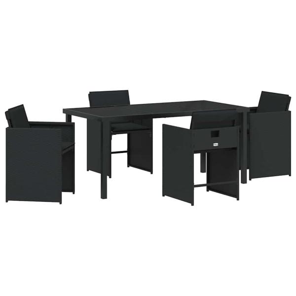 5-teiliges Gartenessen-Set mit Kissen in Schwarz aus Poly-Rattan
