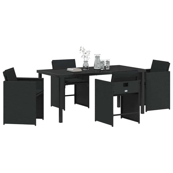 5-teiliges Gartenessen-Set mit Kissen in Schwarz aus Poly-Rattan