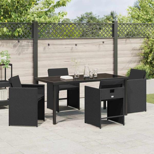 5-teiliges Gartenessen-Set mit Kissen in Schwarz aus Poly-Rattan
