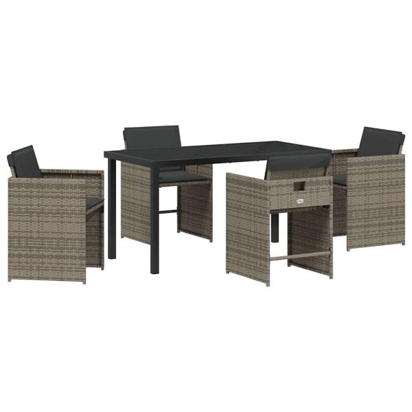 5-teiliges Garten-Essset mit Kissen Grau Poly-Rattan