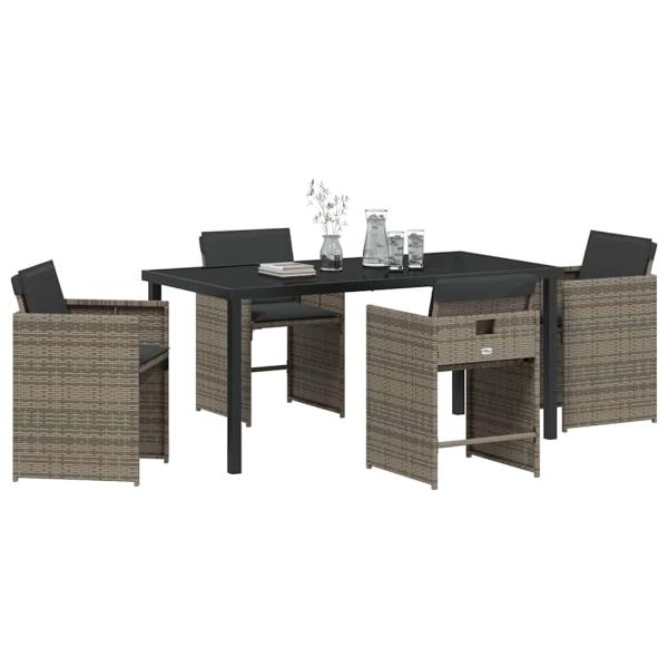 5-teiliges Garten-Ess-Set mit Kissen Grau Poly-Rattan