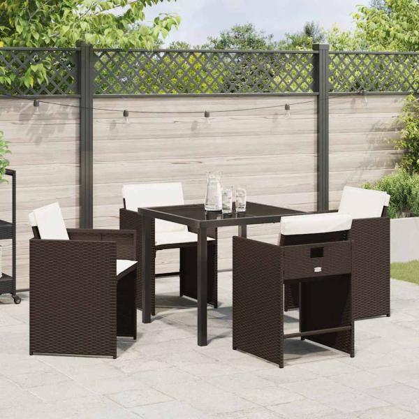 5-teiliges Garten-Esszimmermöbel-Set mit Kissen in Braun aus Poly-Rattan