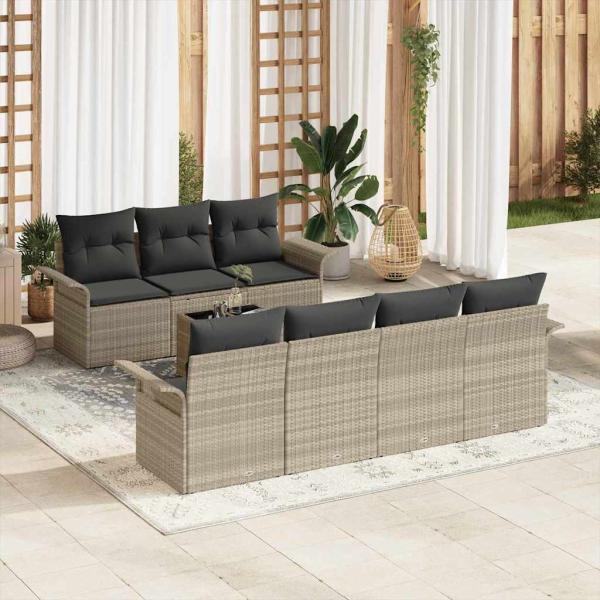 ARDEBO.de - 8-teiliges Garten Sofa Set mit Kissen Hellgrau Poly Rattan