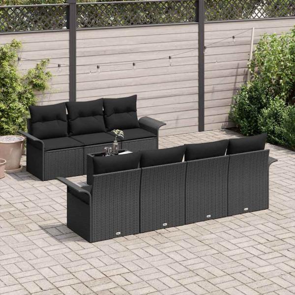 8-teiliges Garten-Sofaset mit Kissen Schwarz Poly Rattan