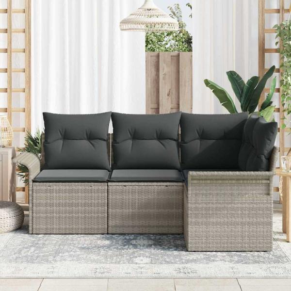 4-teiliges Garten-Sofa-Set mit Kissen Hellgrau Poly-Rattan