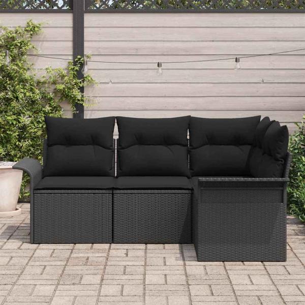 4-teiliges Garten Sofa Set mit Kissen Schwarz Poly Rattan