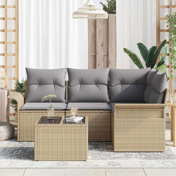 5-teiliges Garten-Sofa-Set mit Kissen Schwarz Poly-Rattan