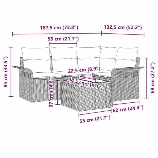 5-teiliges Garten Sofa Set mit Kissen Beige Poly Rattan