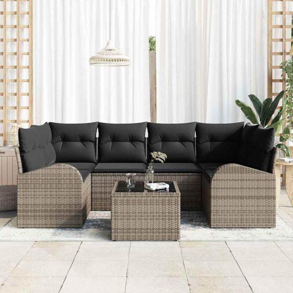 7-teiliges Garten Sofa Set mit Kissen grau Poly Rattan