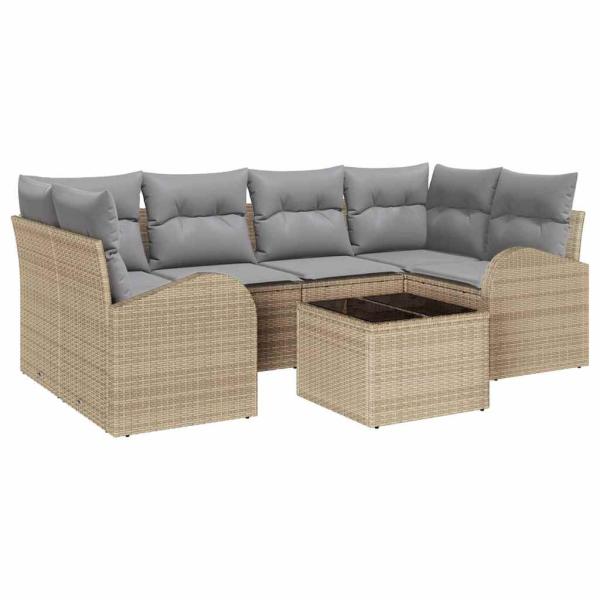 7-teiliges Garten Sofa Set mit Kissen Beige Poly Rattan