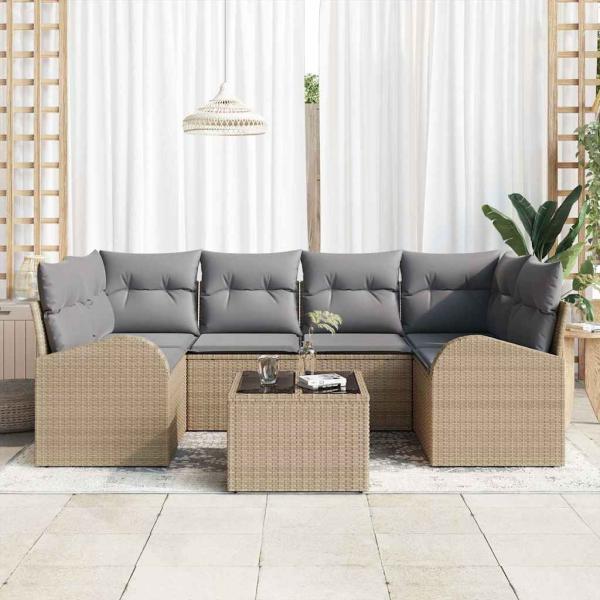 7-teiliges Garten Sofa Set mit Kissen Beige Poly Rattan