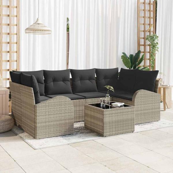 ARDEBO.de - 7-teiliges Garten Sofa Set mit Kissen in Hellgrau Poly Rattan
