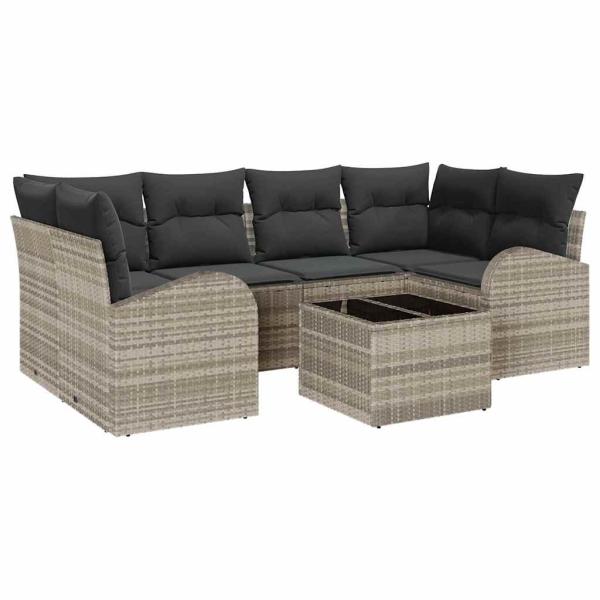 7-teiliges Garten Sofa Set mit Kissen in Hellgrau Poly Rattan