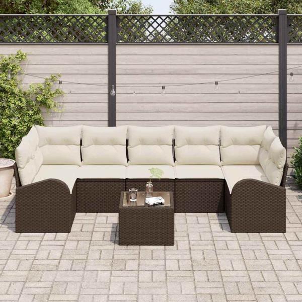 8-teiliges Garten-Sofa-Set mit Kissen in Braun aus Poly-Rattan